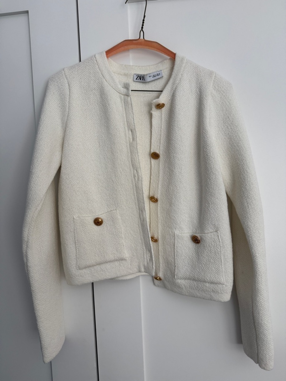 Zara Ivory Bouclé Round-Neck Jacket with Gold Buttons
